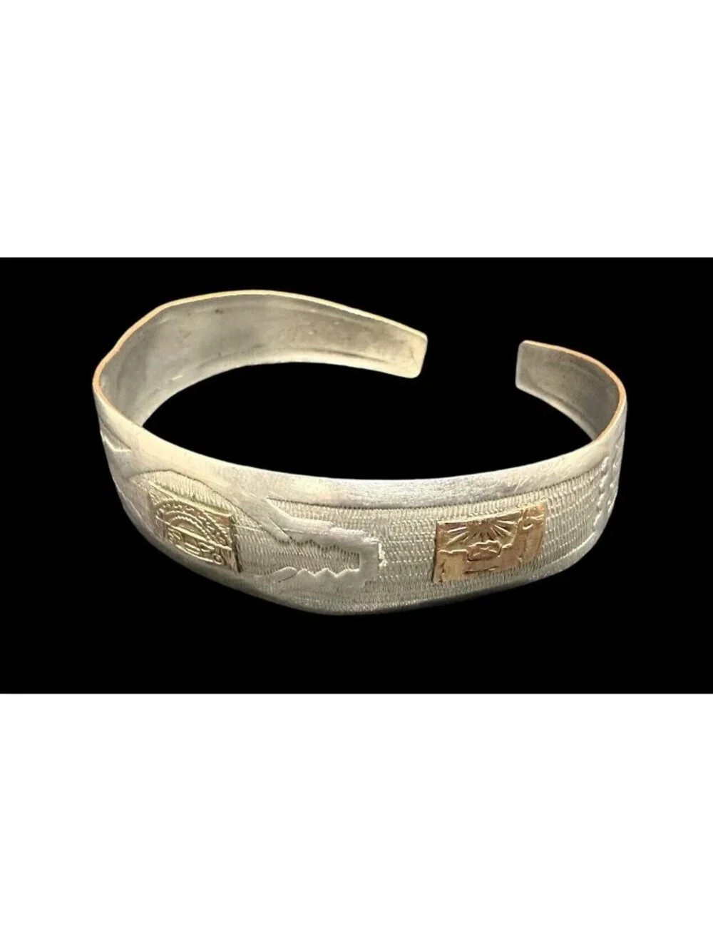 Vintage Sterling Silver Cuff 18k Gold Aztec Accents Ethnic